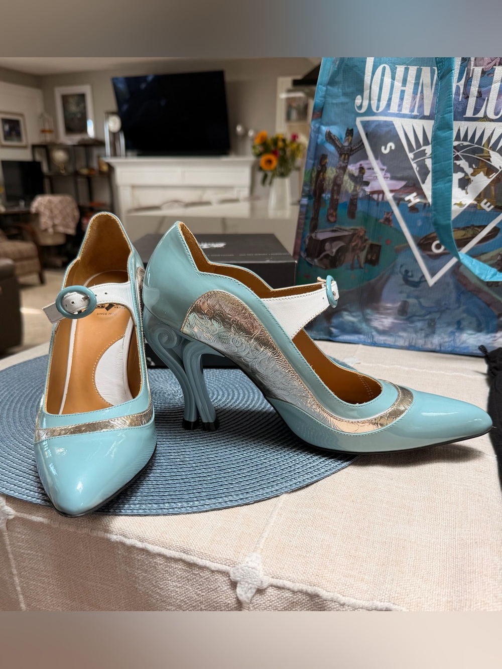 John Fluevog Sky Blue and White Pointed Mary Jane Pump with Metallic Trim